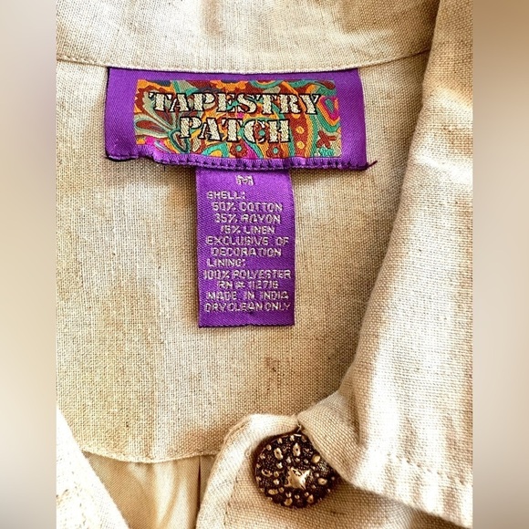 Tapestry Patch Beige Linen Floral Embroidered Lined Jacket Chunky Button Medium - Picture 5 of 9